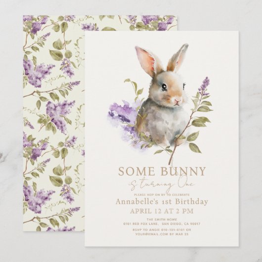 Invitation Quelques Lapin Purple Lilac Floral 1er Anniversair (Devant / Derrière)