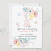 Invitation Quelques Papillon floral rose lapin 1er anniversai (Devant)
