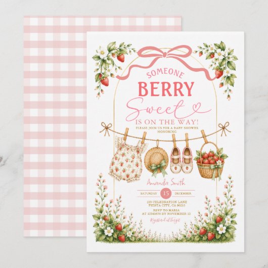 Invitation Quelqu'un de très mignon arrive Bébé fraise (Devant / Derrière)