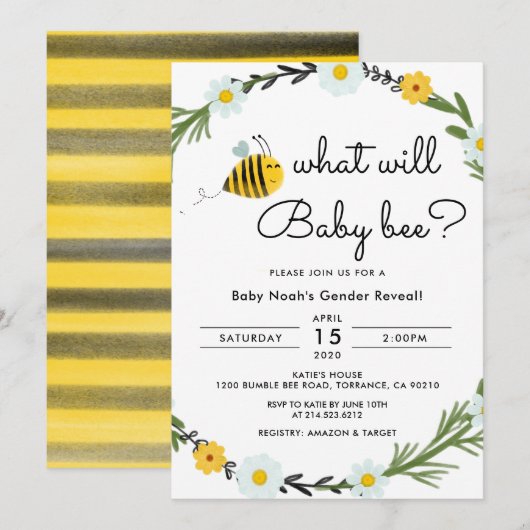 Invitation Qu'est-ce que le bébé Bee Baby shower révélera le (Devant / Derrière)