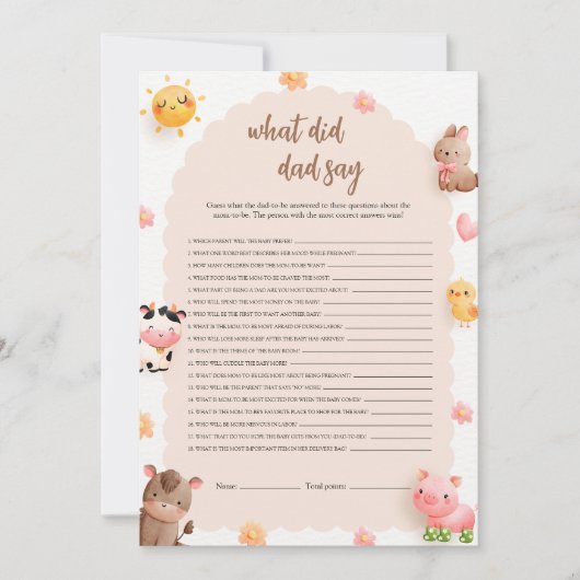 Invitation Qu'est-ce que papa a dit Baby shower Game Card (Devant)