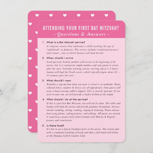 Invitation Question de service bat mitzvah répondre conseil r (Devant / Derrière)