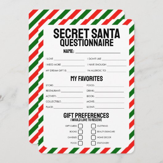 Invitation Questionnaire cadeau Secret Père Noël (Devant / Derrière)