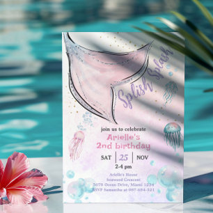 Invitation Queue de sirène à l'aquarelle rose et violette Inv
