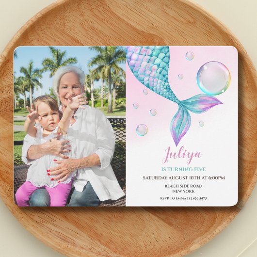 Invitation Queue de sirène avec bulles Anniversaire photo Inv
