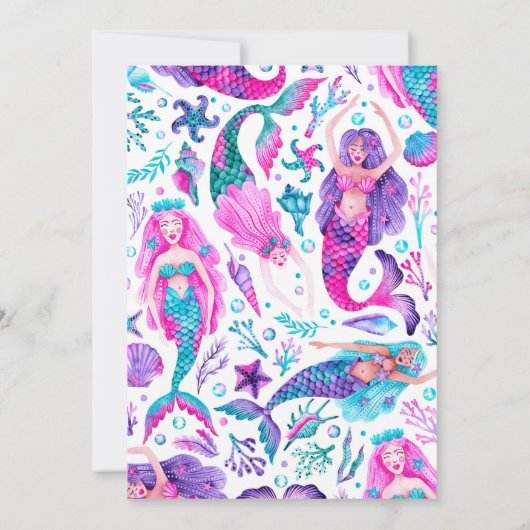 Invitation Queue de sirène en violet + Aquarelle Turquoise An (Dos)