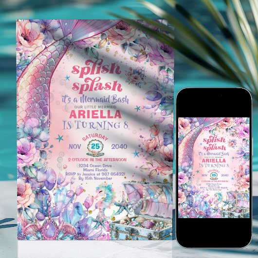 Invitation Queue de sirène pailletée Fleur pour 8ème annivers