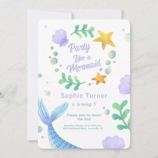Invitation Queue de sirène pourpre sous la mer Anniversaire (Devant)