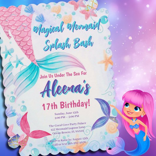 Invitation Queue de sirène rose Whimsical 17e anniversaire