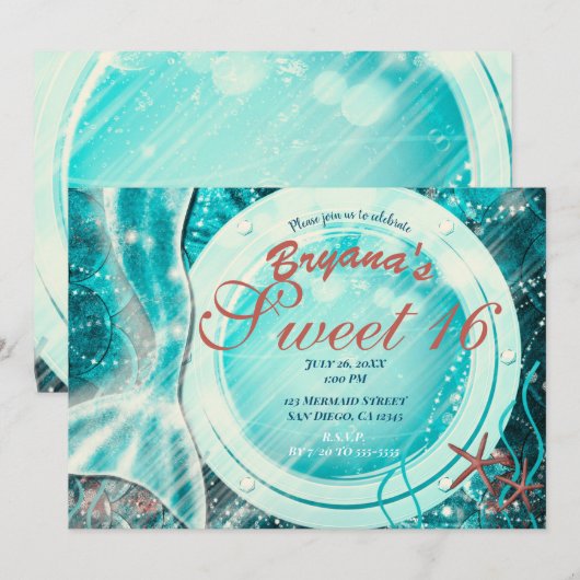 Invitation Queue de sirène sous la mer Douce 16 ans Fête d'an (Devant / Derrière)