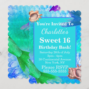 Invitation Queues de sirène et coquilles de conque sucré 16 P