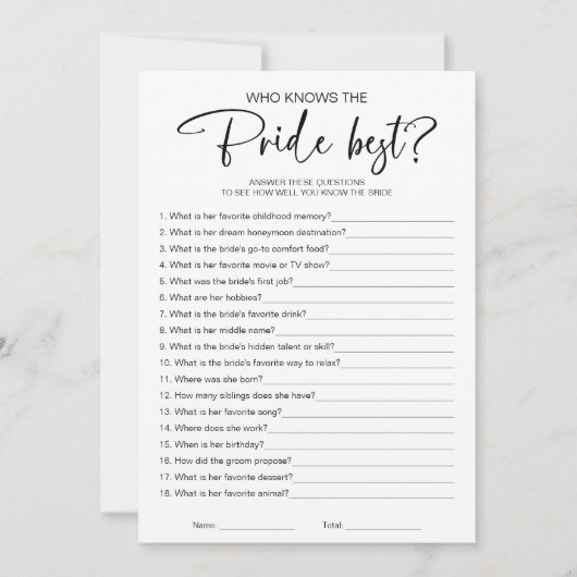 Invitation Qui connaît la mariée meilleur jeu de Fête des mar (Devant)