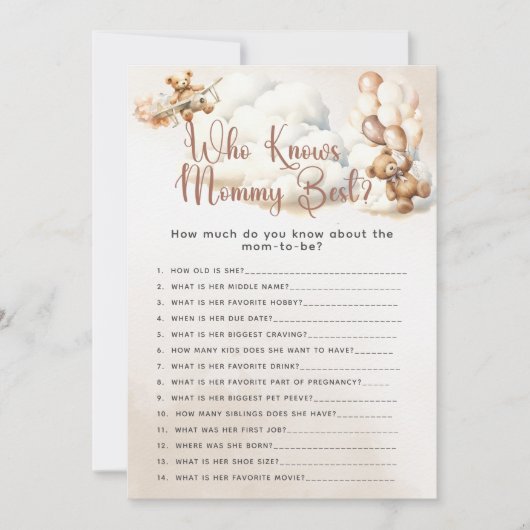 Invitation QUI CONNAÎT MOMMY BEST Questions Baby shower Jeu (Devant)
