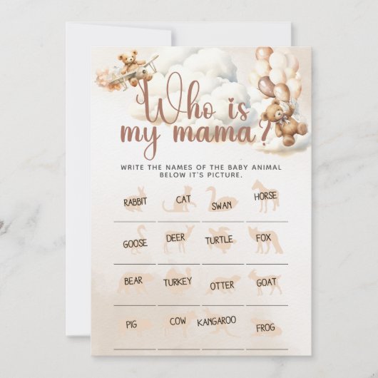 Invitation QUI EST MON Baby shower JEU Bear mignonne (Devant)