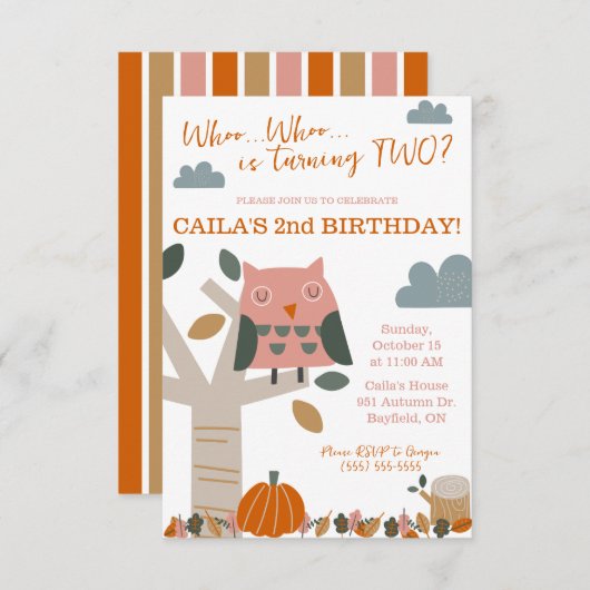 Invitation Qui tourne DEUX Chouette d'automne, fête d'anniver (Devant / Derrière)
