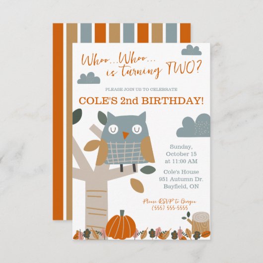 Invitation Qui tourne DEUX Chouette d'automne, fête d'anniver (Devant / Derrière)