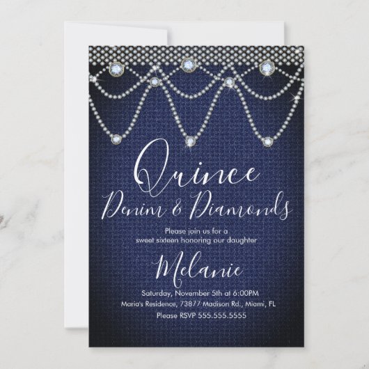 Invitation Quince Denim Diamants Gemme Perles  (Devant)