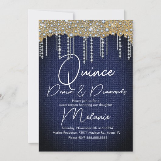 Invitation Quince Denim Diamants Gemme Perles Or (Devant)