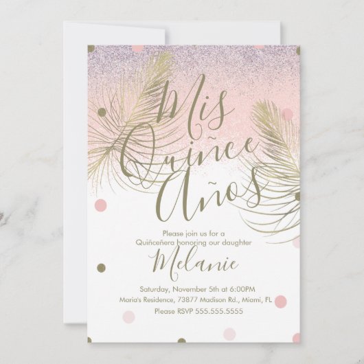Invitation Quiñce Faux Paillettes Points Or Rose (Devant)