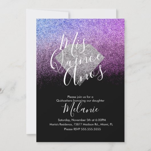 Invitation Quiñce Faux Parties scintillant Diamant Noir Viole (Devant)
