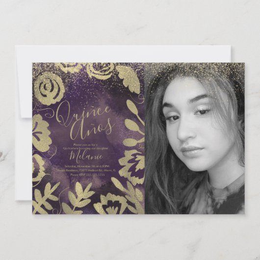 Invitation Quiñce Faux Parties scintillant Purple Floral Gold (Devant)