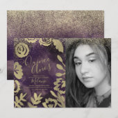 Invitation Quiñce Faux Parties scintillant Purple Floral Gold (Devant / Derrière)