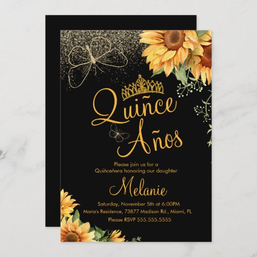 Invitation Quiñce Faux Parties scintillant Tournesol Aquarell (Devant / Derrière)