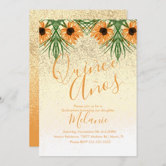 Invitation Quiñce Faux Parties scintillant Tournesol Invitati (Devant / Derrière)