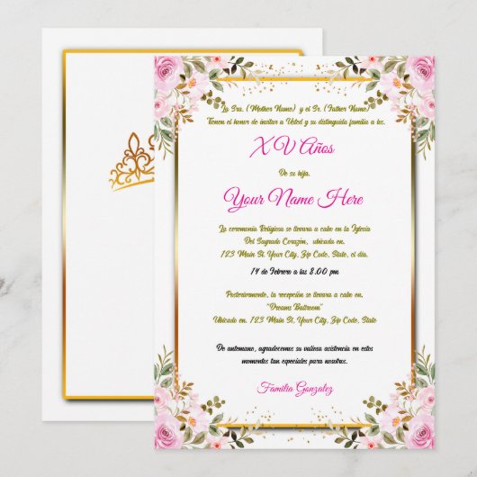 Invitation Quinceañera (Devant / Derrière)
