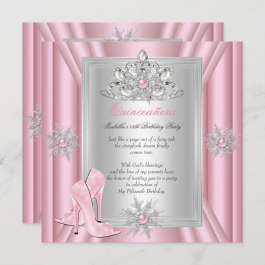 Invitation Quinceanera 15 Anniversaire Clair Talons roses (Devant / Derrière)