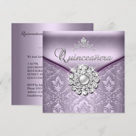 Invitation Quinceañera 15 Anniversaire Fête Damask Lilac (Devant / Derrière)