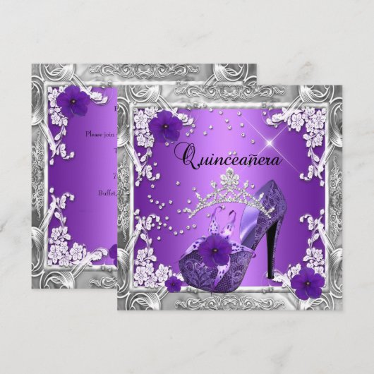 Invitation Quinceanera 15 Anniversaire Fête d'Argent Violet (Devant / Derrière)