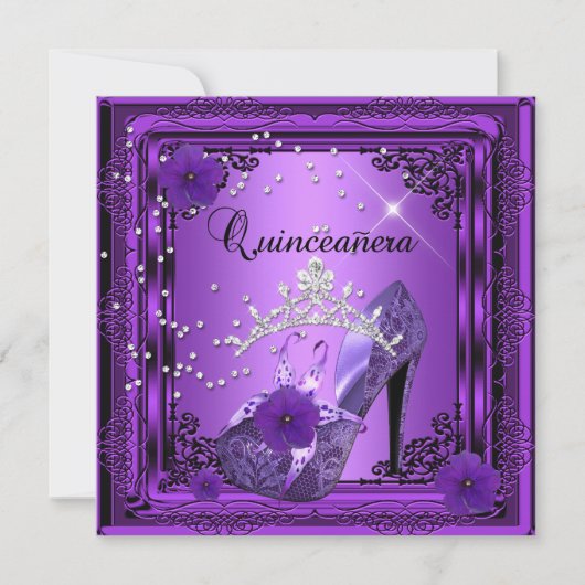 Invitation Quinceanera 15 Anniversaire fête violet noir (Devant)