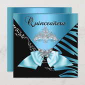 Invitation Quinceanera 15 Anniversaire Zebra Bleu Noir Tiara (Devant / Derrière)