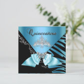 Invitation Quinceanera 15 Anniversaire Zebra Bleu Noir Tiara (Debout devant)