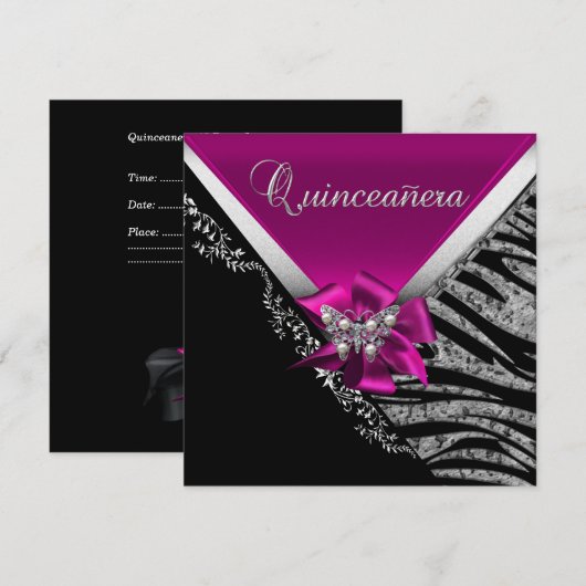 Invitation Quinceanera 15 Anniversaire Zebra Rose Noir Argent (Devant / Derrière)
