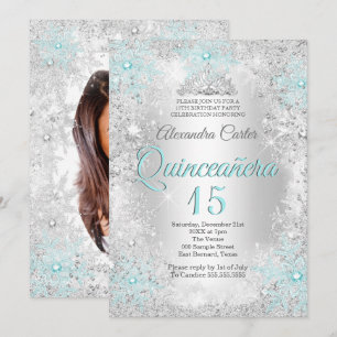 Invitation Quinceanera 15 ans Argent Turquoise Flocon de neig