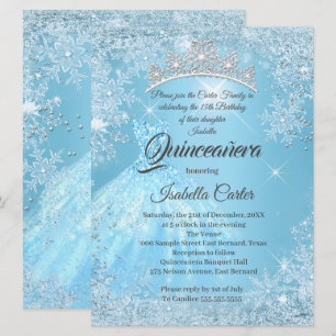Invitation Quinceanera 15 ans Cendrillon Flocon de neige bleu