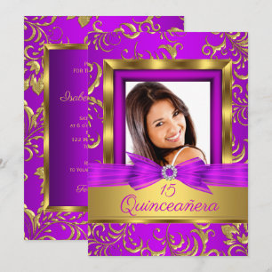 Invitation Quinceanera 15 ans Photo violet rose or Damassé