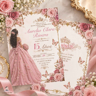 Invitation Quinceañera 15 Ans Princesse Fleurie Or Rose