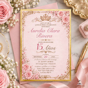 Invitation Quinceañera 15 Ans Rose Floral Vintage Or
