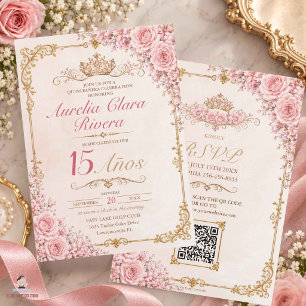 Invitation Quinceañera 15 Ans Rose Floral Vintage Or QR