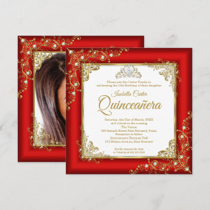 Invitation Quinceanera 15 ans Tiare de perles rouges or blanc