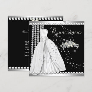 Invitation Quinceanera 15 Couronne Robe Noir Argent Blanc