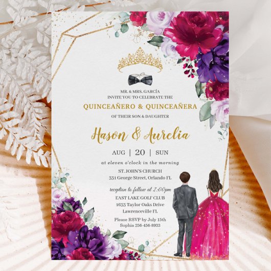 Invitation Quinceañera 15 Fuchsia Purple Lilac Twins Floraux