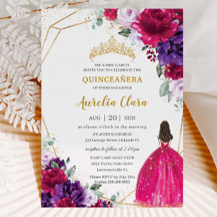 Invitation Quinceañera 15 Fuchsia Robe Purple Lilac Floral