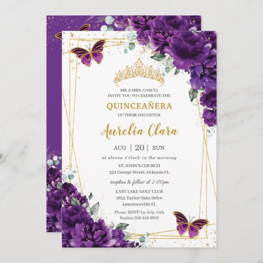 Invitation Quinceañera 15 Papillon bleu royal foncé (Devant / Derrière)