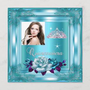 Invitation Quinceanera 15 Party Blue Roses Turquoises Photo