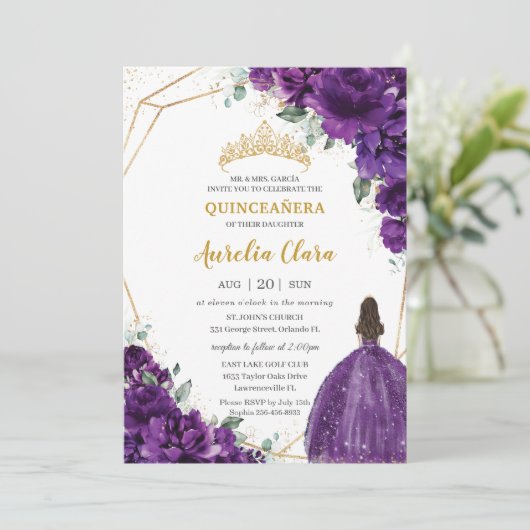 Invitation Quinceañera 15 Robe Royale Violette foncée Robe Or (Debout devant)