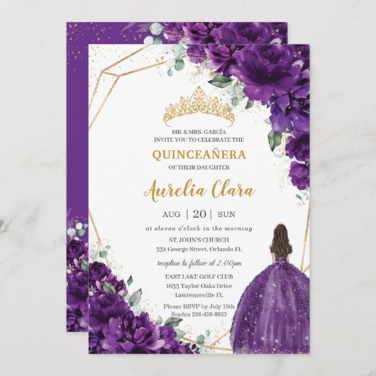 Invitation Quinceañera 15 Robe Royale Violette foncée Robe Or (Devant / Derrière)